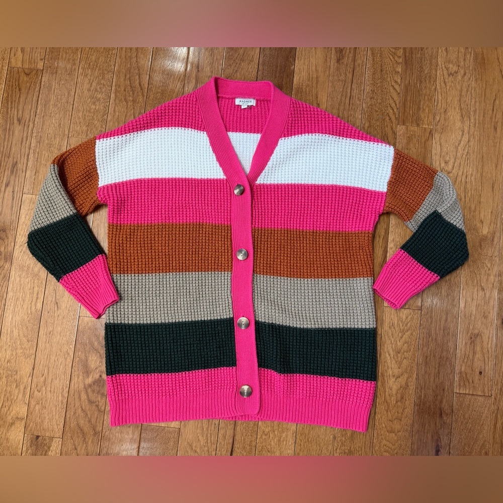 ANDREE BY UNIT Multi-Striped Waffle Knit Colorblock Cardigan